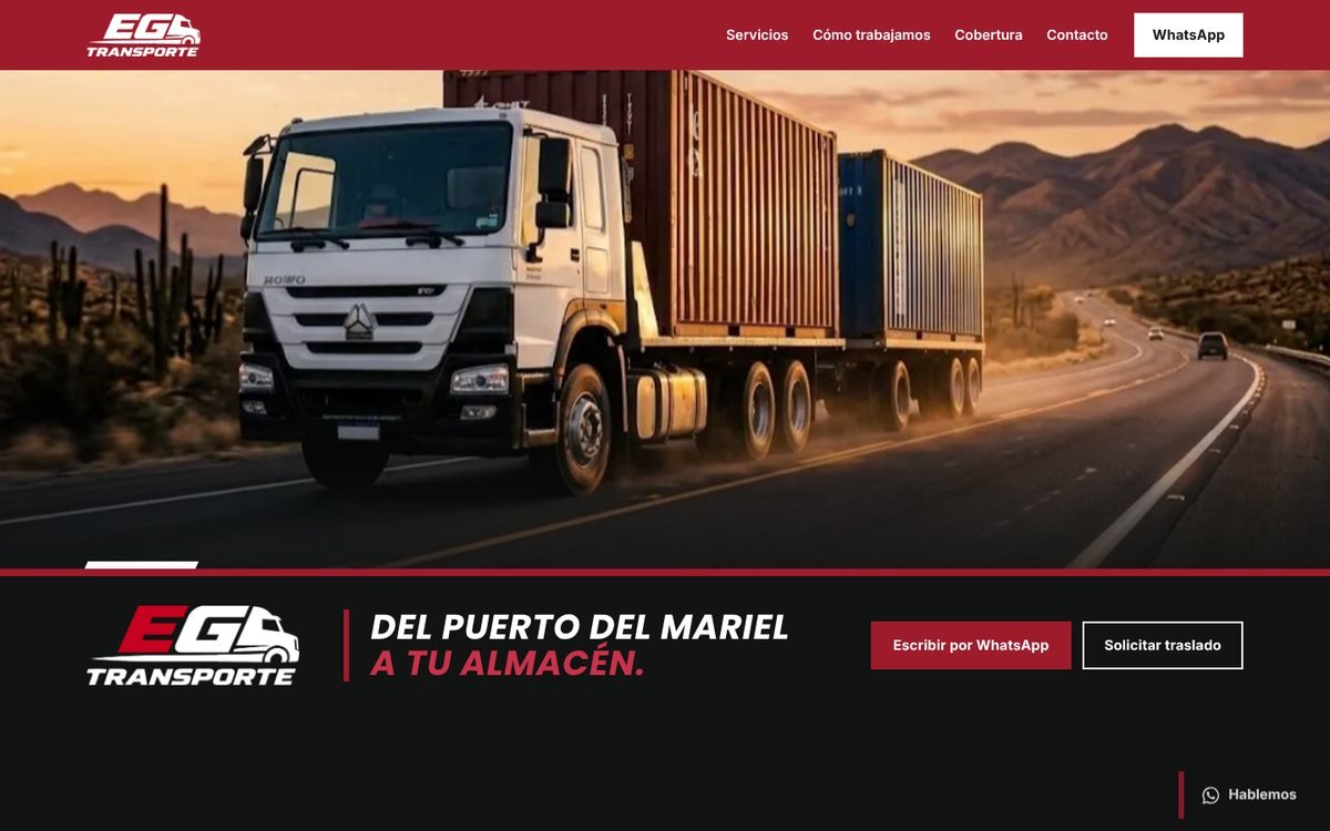 Home page of the website for EG Transporte