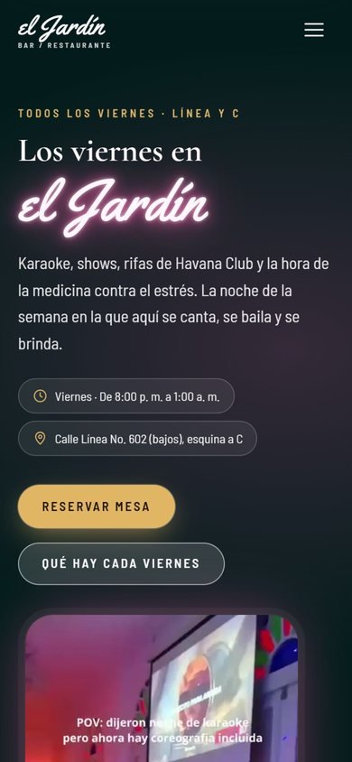 The website for El Jardín on a phone